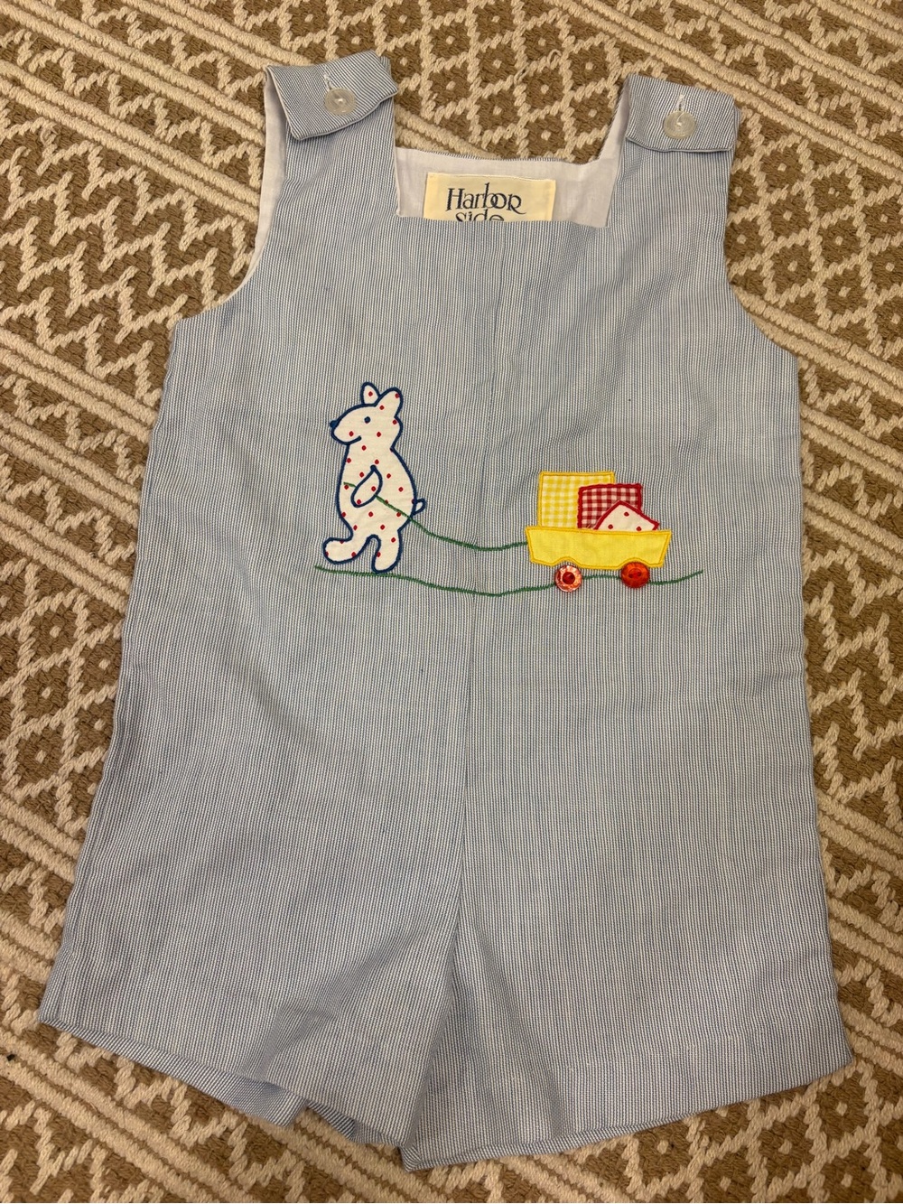 Harbor Side Light Blue Seersucker Toddler Romper with Bear & Wagon VINTAGE